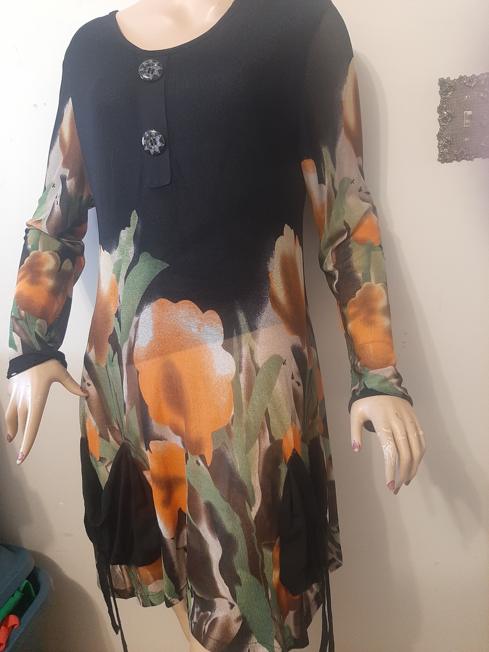 Black Tunic Dress with Orange & Green Floral Print